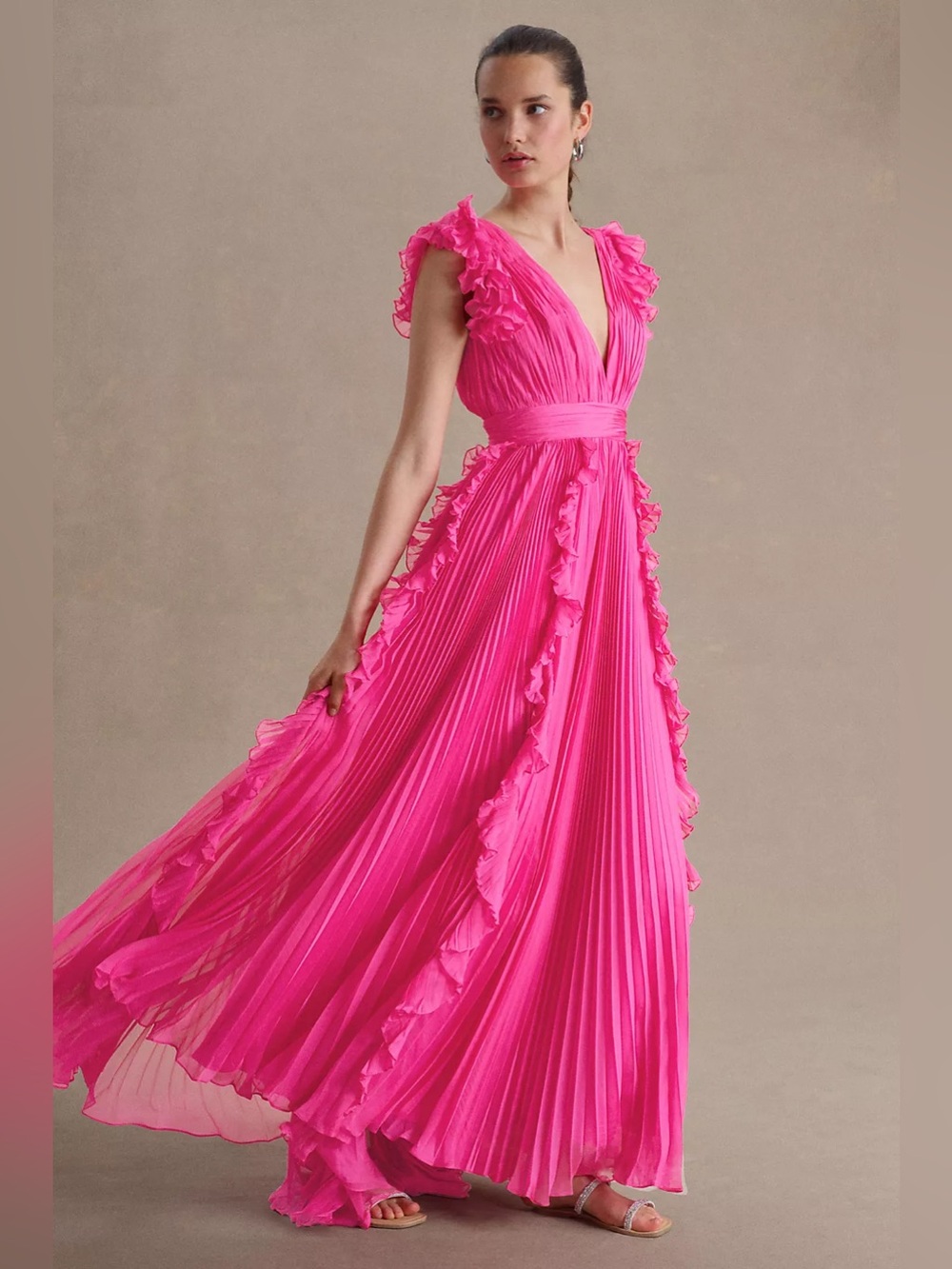 Mac Duggal Pleated Flutter-Sleeve Deep-V Empire-Waist Gown